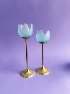 Blue Glass Tulip Candle Holders with Brass Stands